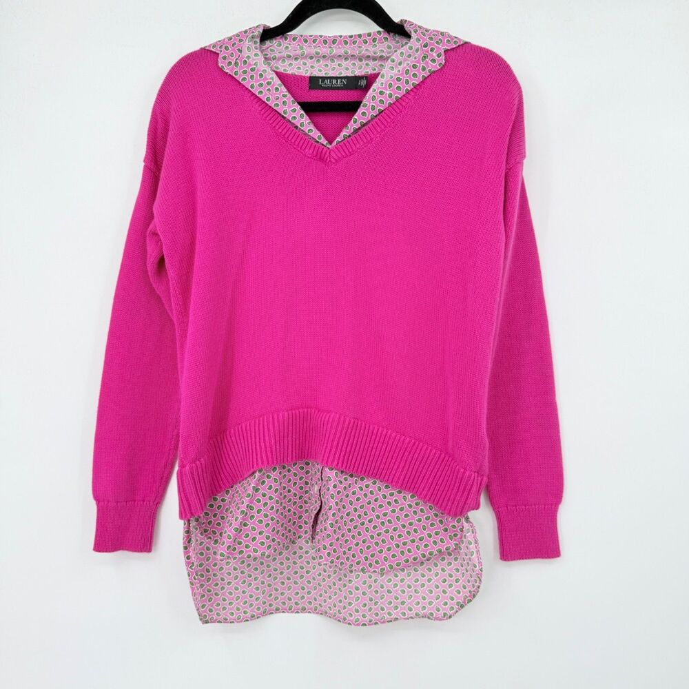 Lauren Ralph Lauren Women's‎ S Black Label Pink Cotton Layered V-Neck Sweater